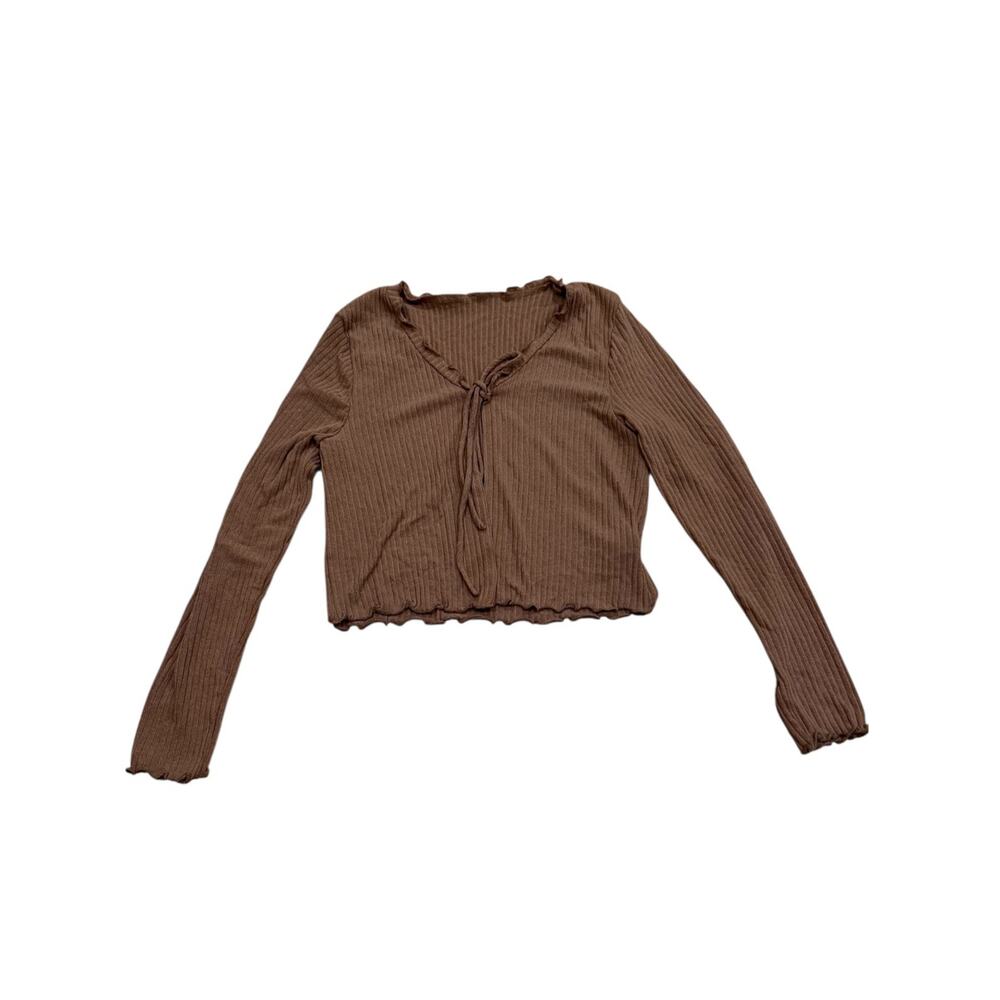 Live in the Moment Brown Ribbed Tie Front Long Sleeve Lettuce Hem Top Small Boho